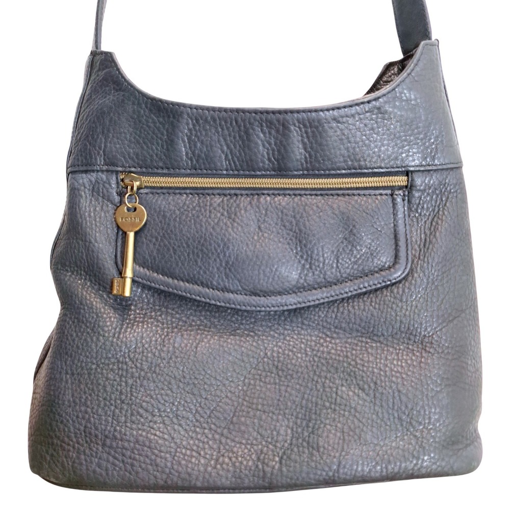 Fossil Pebbled Black Leather Hobo Shoulder Bag Brass Key Charm Vintage 90s 75082